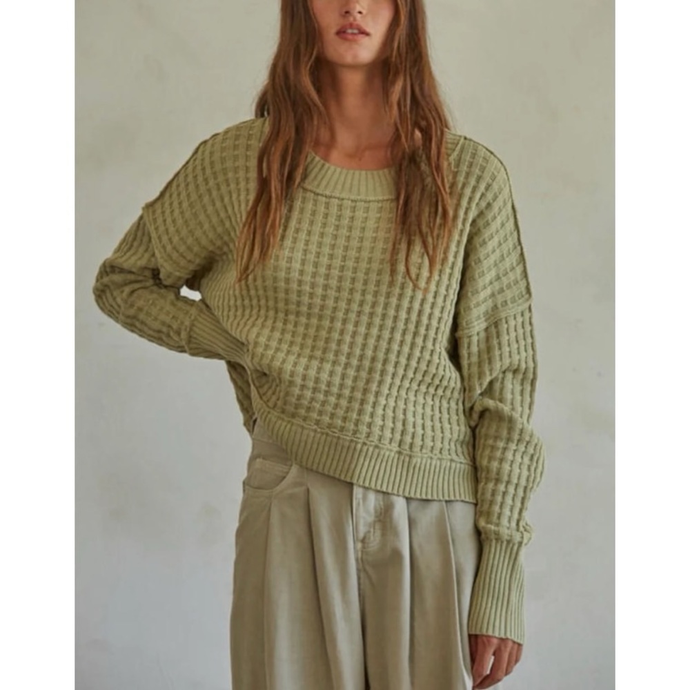 Waffle Knit Light Pullover Sweater Olive Green Drop Shoulder Oversized